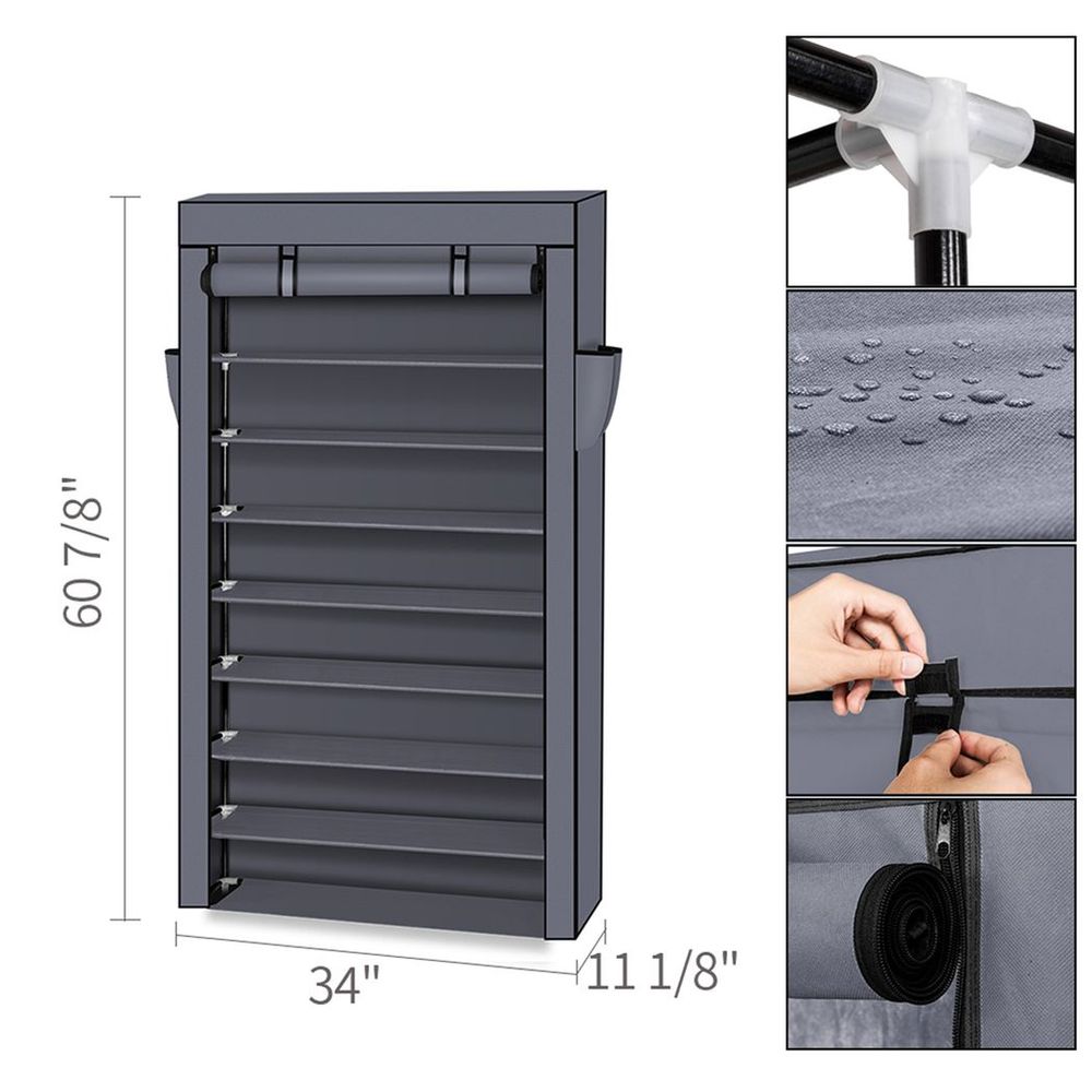 10 Tiers Shoe Rack with Dustproof Cover Closet Shoe Storage Cabinet Organizer Gray - anydaydirect