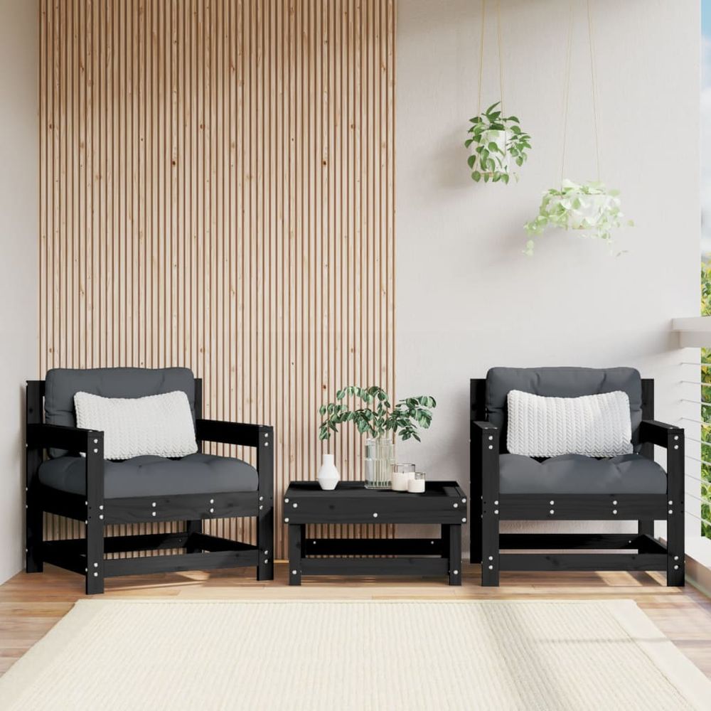 vidaXL Garden Chairs with Cushions 2 pcs Black Solid Wood Pine - anydaydirect