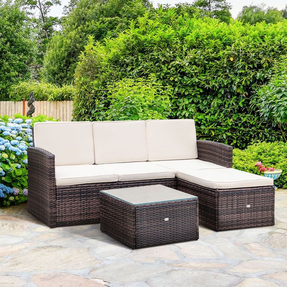3PC Outdoor Patio Furniture Set Wicker Rattan 3-Seater Sofa Chair Couch Brown - anydaydirect