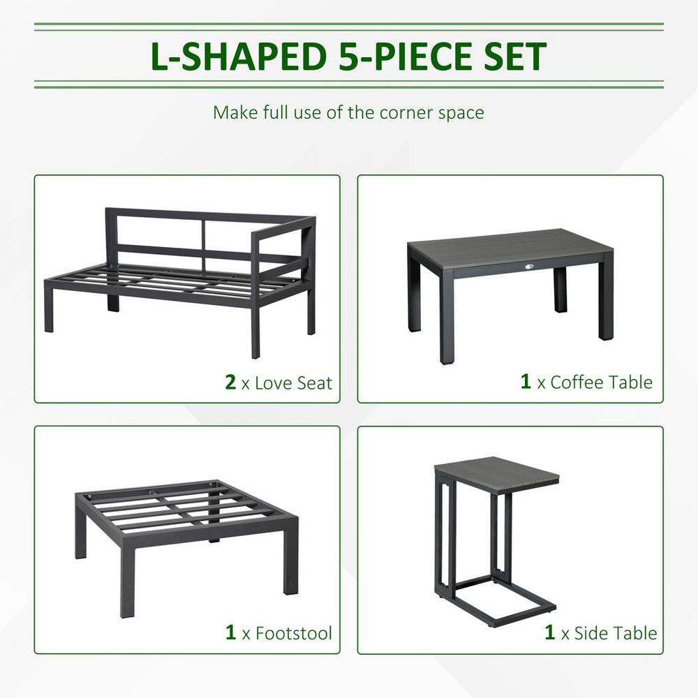 5-Piece Corner Garden Furniture Set w/ 2 Tables, Grey Aluminium Frame - anydaydirect