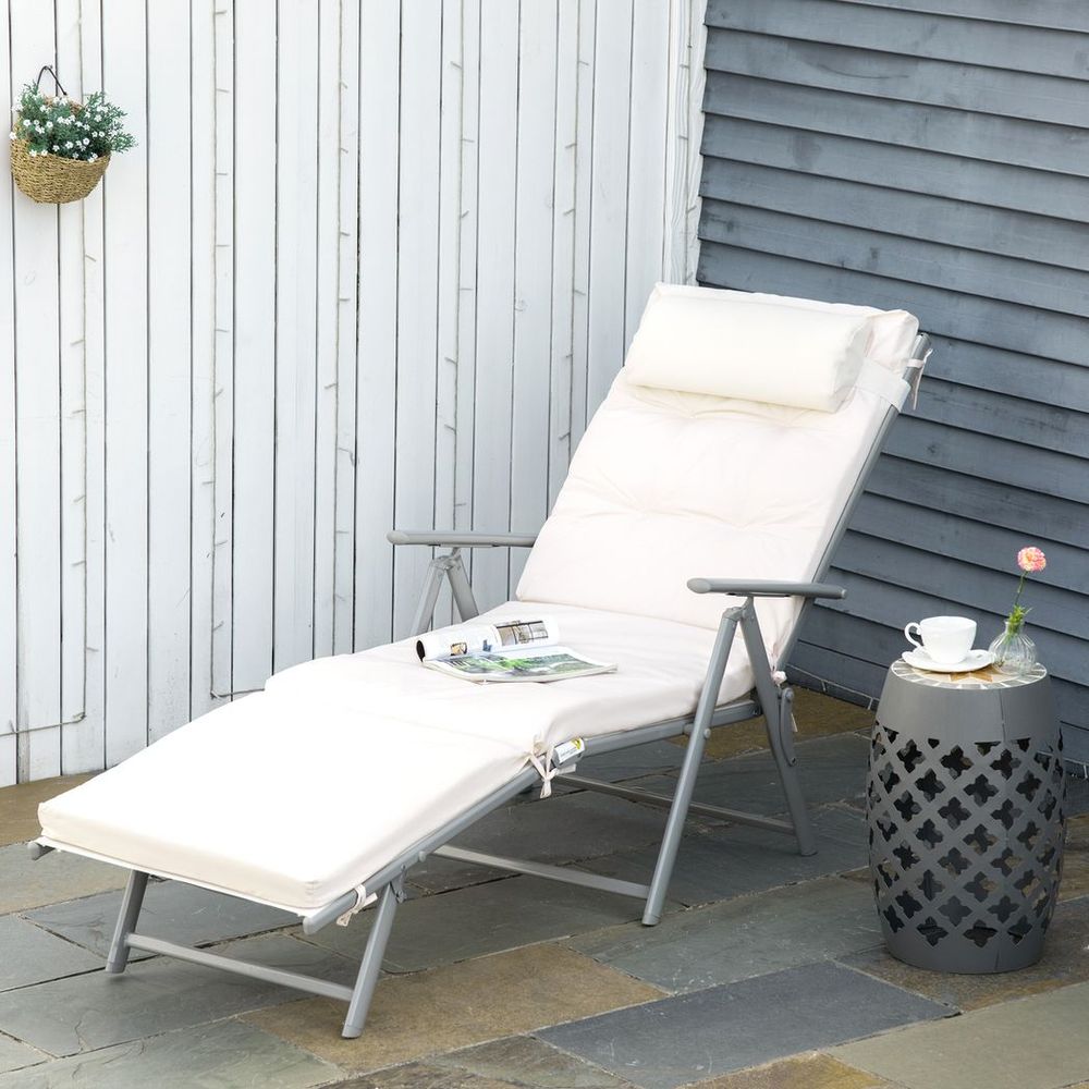 Sun Lounger Recliner Foldable Padded Seat Adjustable Texteline White - anydaydirect