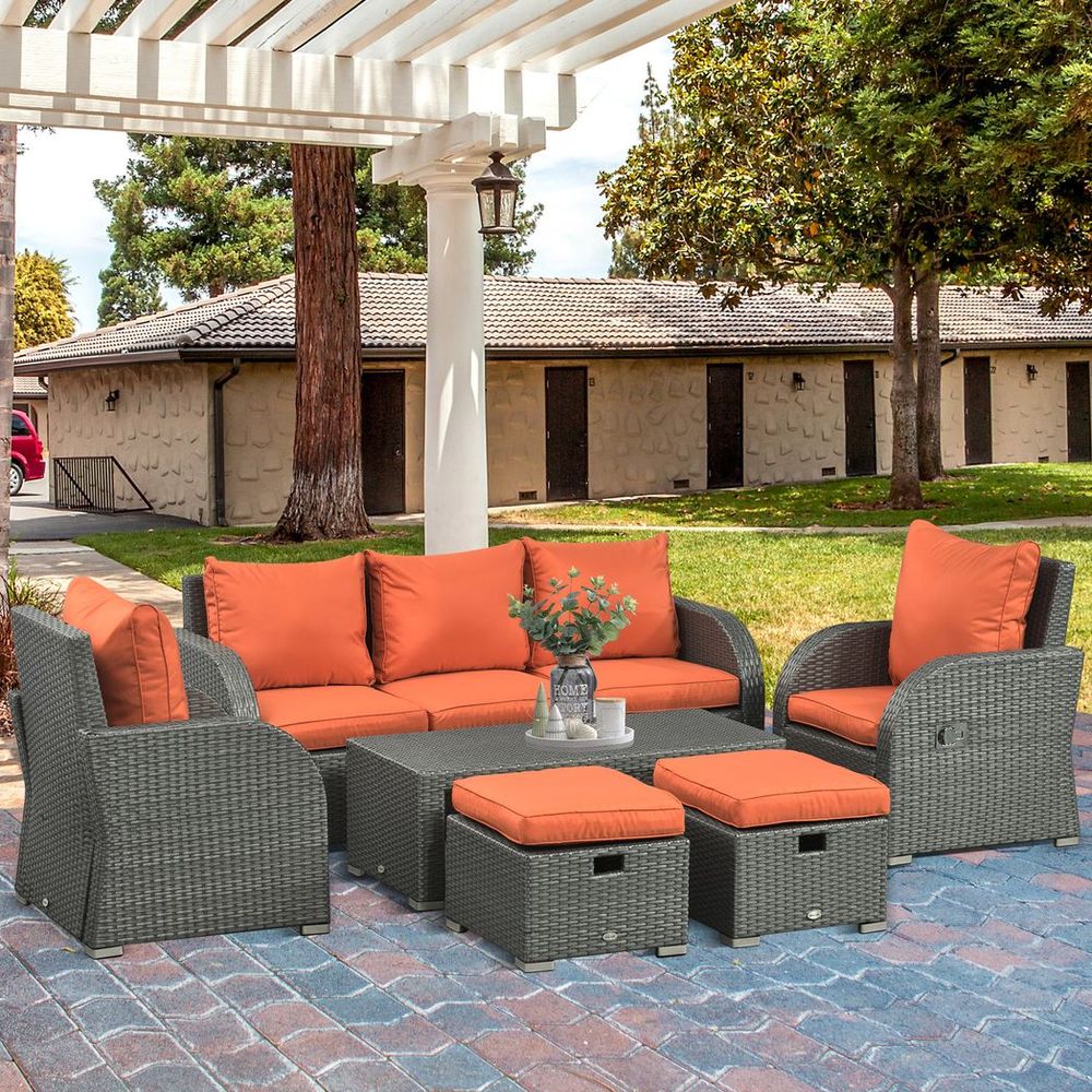 Outsunny 6pc Padded Outdoor Rattan Wicker 3-Seat Sofa Recliner Footstool Table - anydaydirect