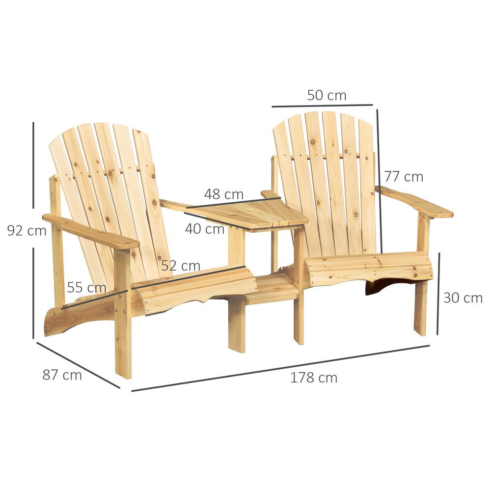 Wooden Double Adirondack Chairs Loveseat & Center Table & Umbrella Hole, Natural - anydaydirect