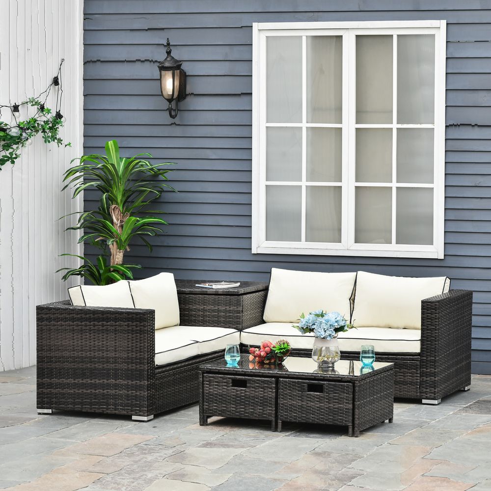 4-Seater Rattan Wicker Sofa Storage & Table Set w/ 2 Drawers - Brown - anydaydirect