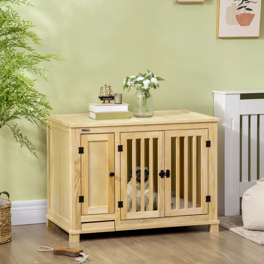 Wooden Dog Crate Furniture W/ Drawer Bowl Storage Cushion for Small Dogs Natural - anydaydirect