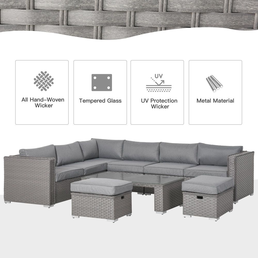 6 PCs PE Rattan Wicker Corner Sofa Set Coffee Table Footstool w/ Cushion - Grey - anydaydirect