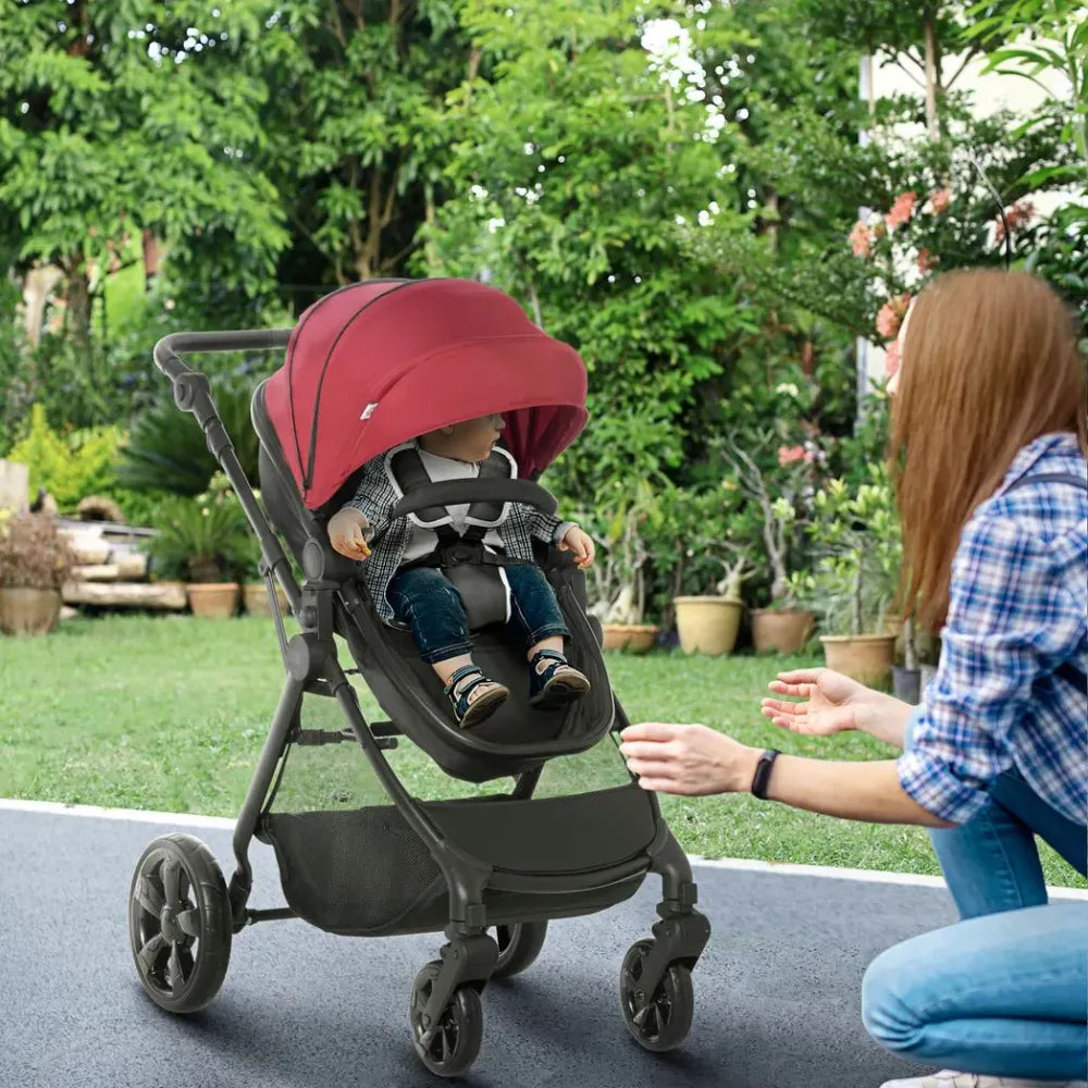 Foldable Baby Pushchair w/ Fully Reclining Backrest From Birth to 3 Years- Red - anydaydirect