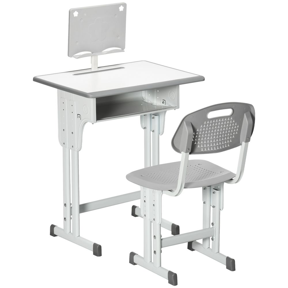 Kids Desk and Chair Set Adjustable Height Study Table w/ Book Stand - Grey - anydaydirect