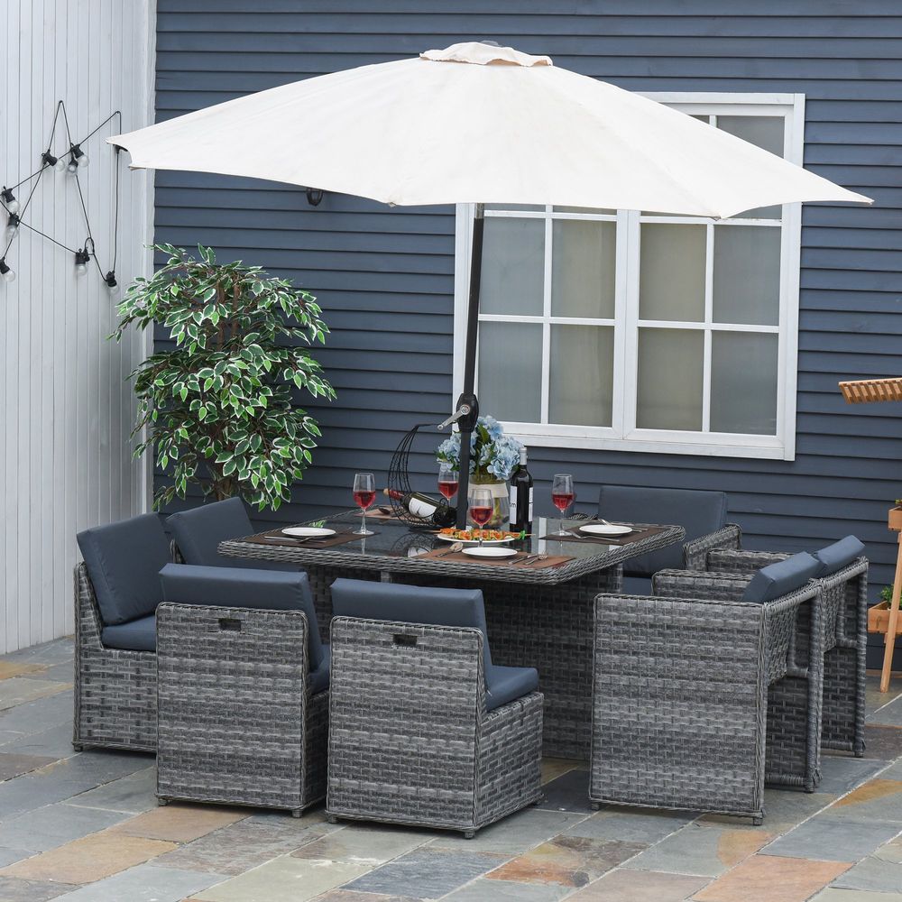 9 PCs Rattan Dining Table Chair Set 8-seater Cube Sofa & Umbrella Table Grey - anydaydirect
