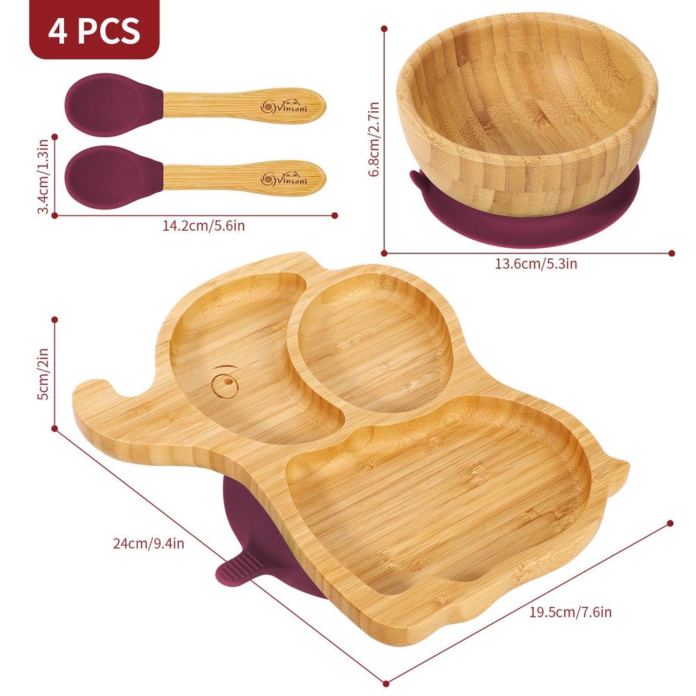 Bamboo Elephant Plate Bowl & Spoon Set Suction Bowl Stay-Put Design - anydaydirect