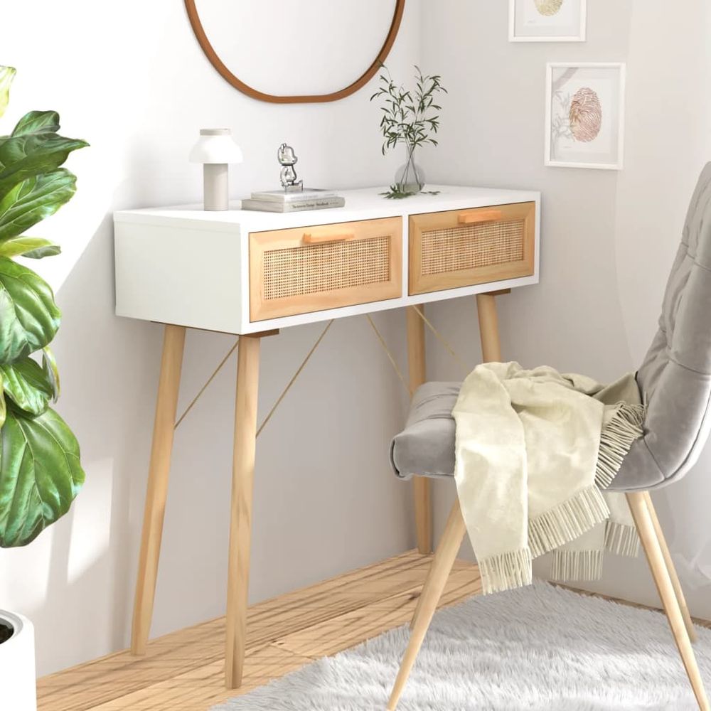 Console Table White 80x30x75 cm Solid Wood Pine&Natural Rattan - anydaydirect
