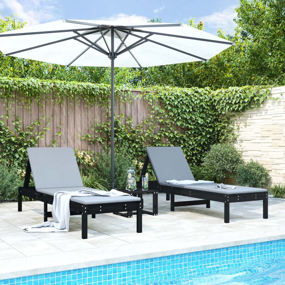 vidaXL Sun Loungers 2 pcs with Table Black Solid Wood Pine - anydaydirect
