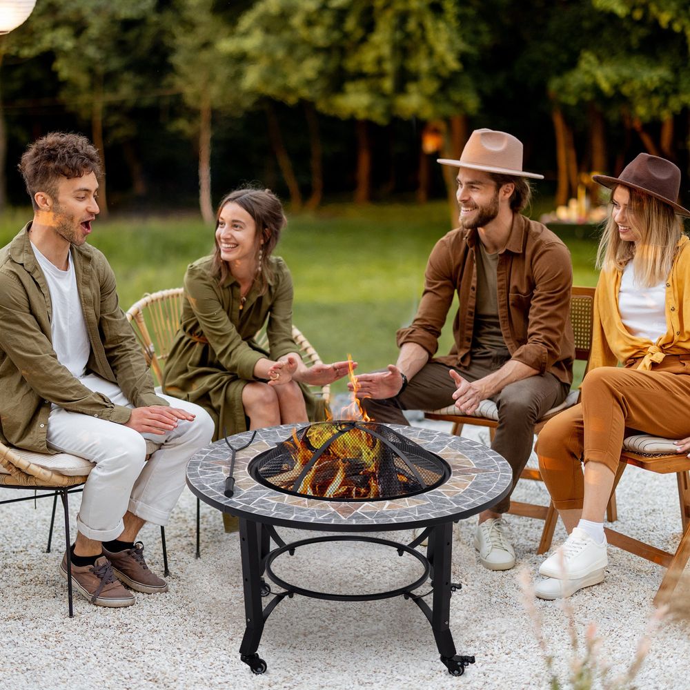 2-in-1 Outdoor Fire Pit Bowl on Wheels, Patio Heater & Cooking BBQ Grill, Mosaic - anydaydirect