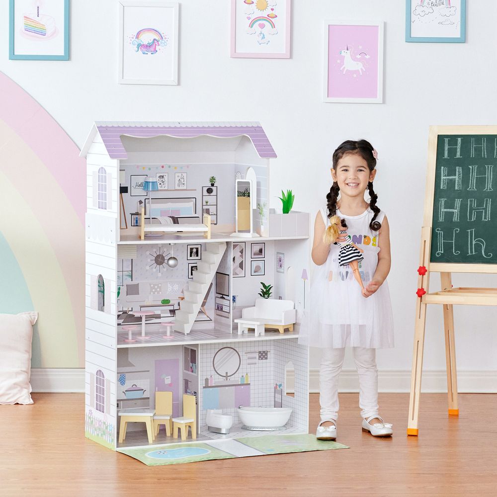 Olivia's Little World Large Kids Wooden Dolls House & 16 Accessories, Purple - anydaydirect