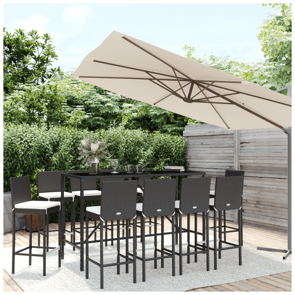 vidaXL 11 Piece Garden Bar Set with Cushions Black Poly Rattan - anydaydirect