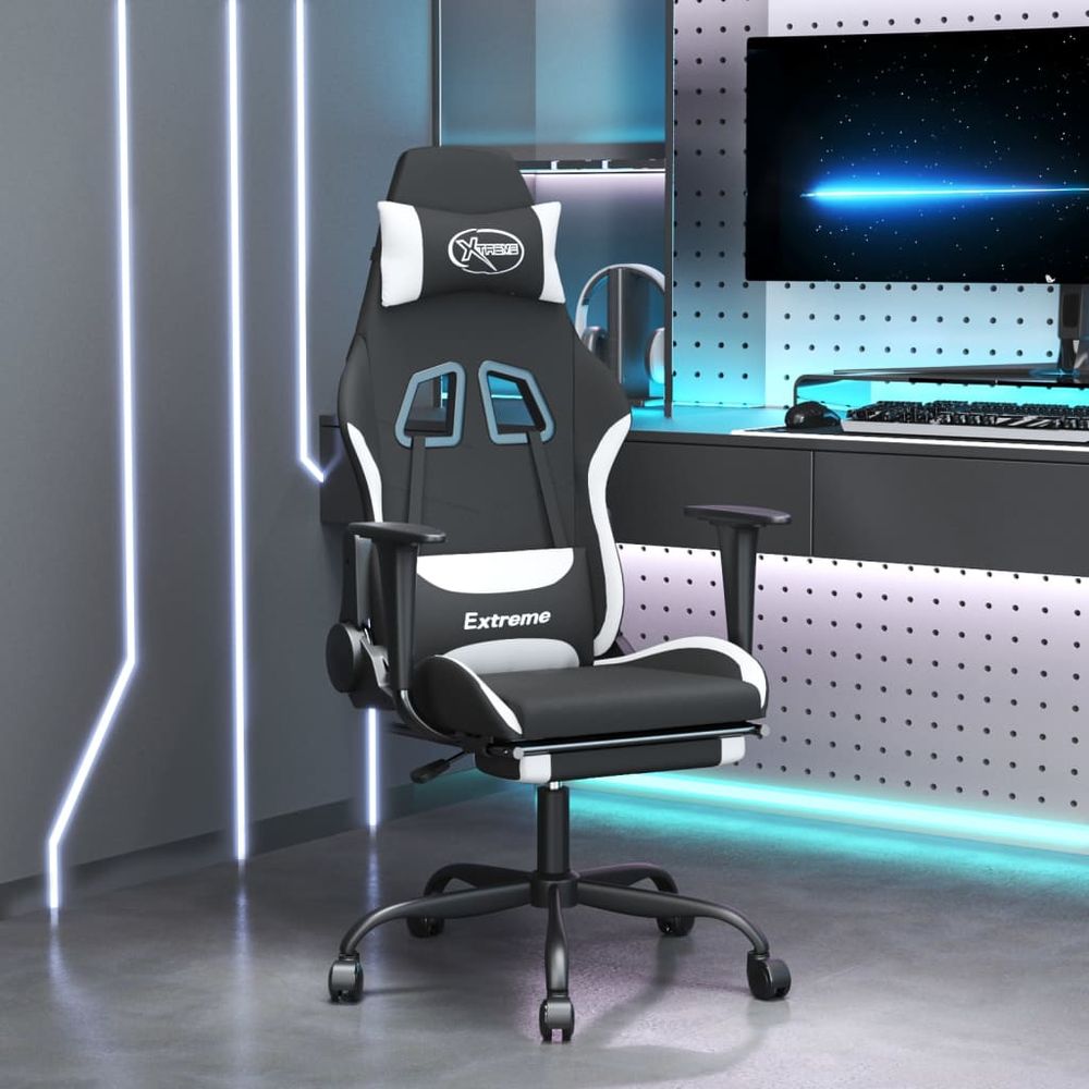Swivel Gaming Chair with Footrest Black and White Fabric - anydaydirect