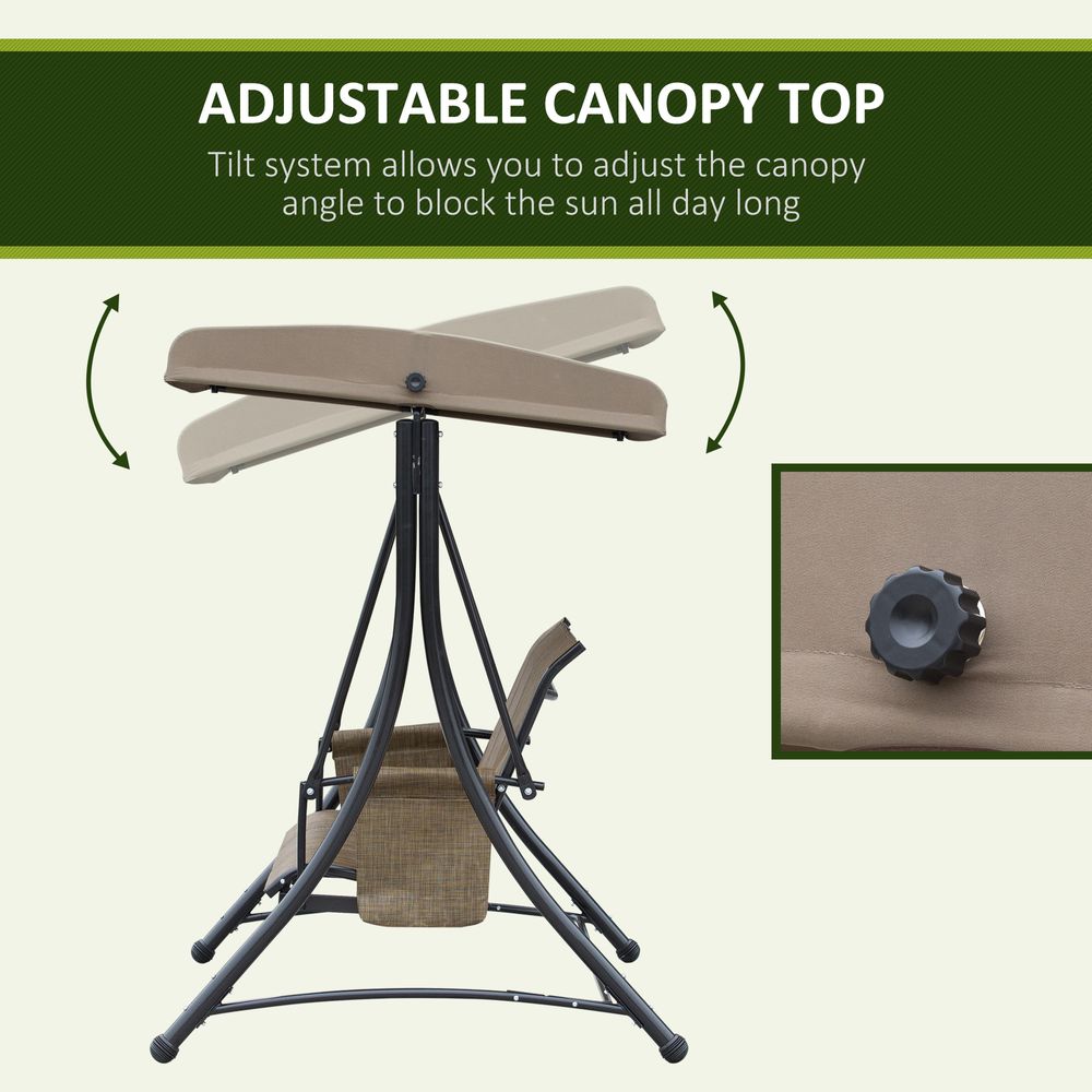 3 Person Swing Chair High Back Design, Side Pouches & Adjustable Canopy, Brown - anydaydirect