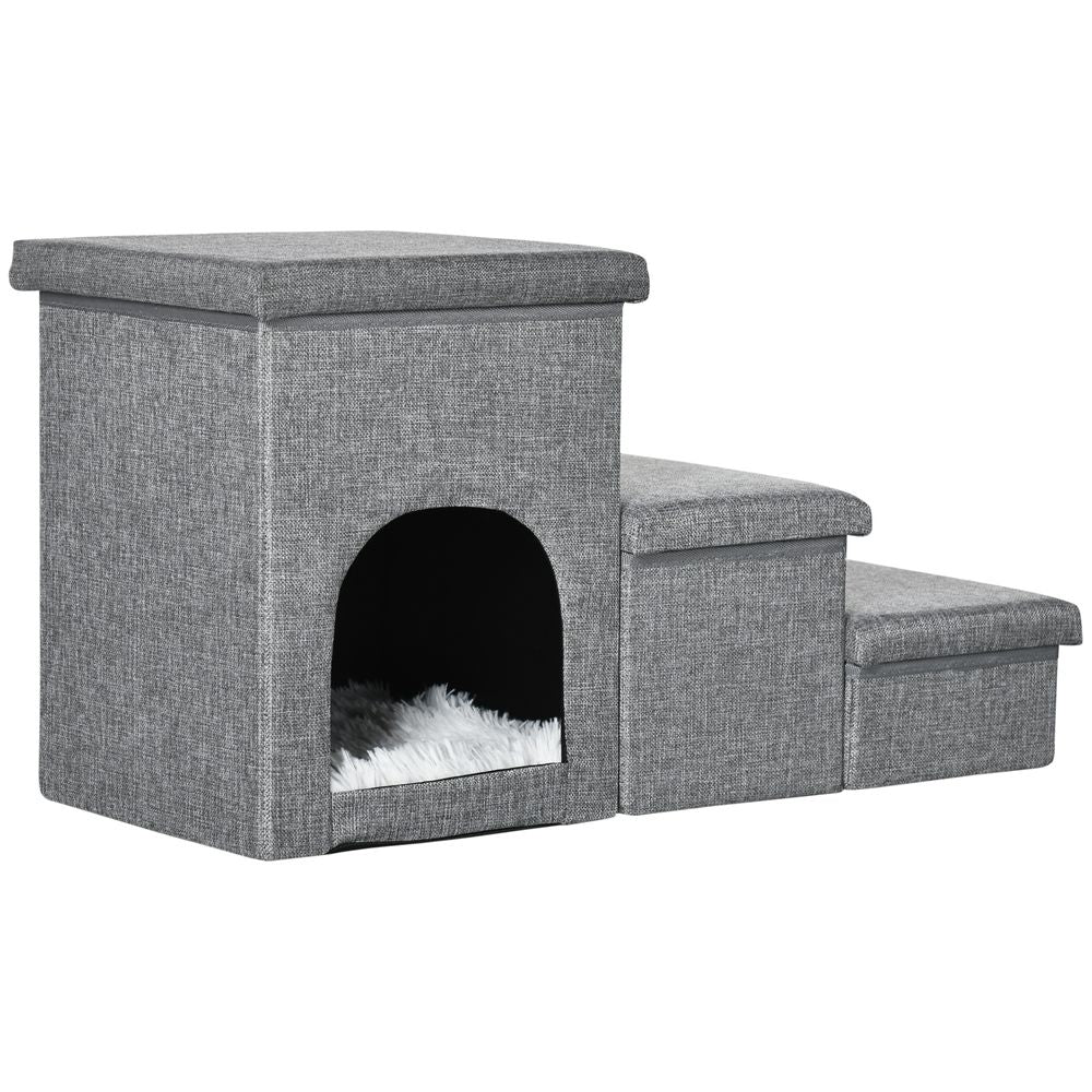 PawHut 3 Step Dog Steps for Bed w/ Cat House Storage Boxes for Sofa Grey - anydaydirect