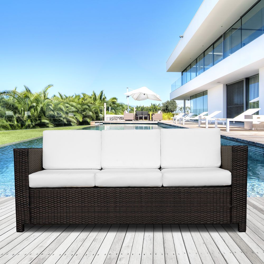 3 Seater Rattan Sofa Brown Wicker Weave Metal Frame Chair Outdoor Furniture - anydaydirect