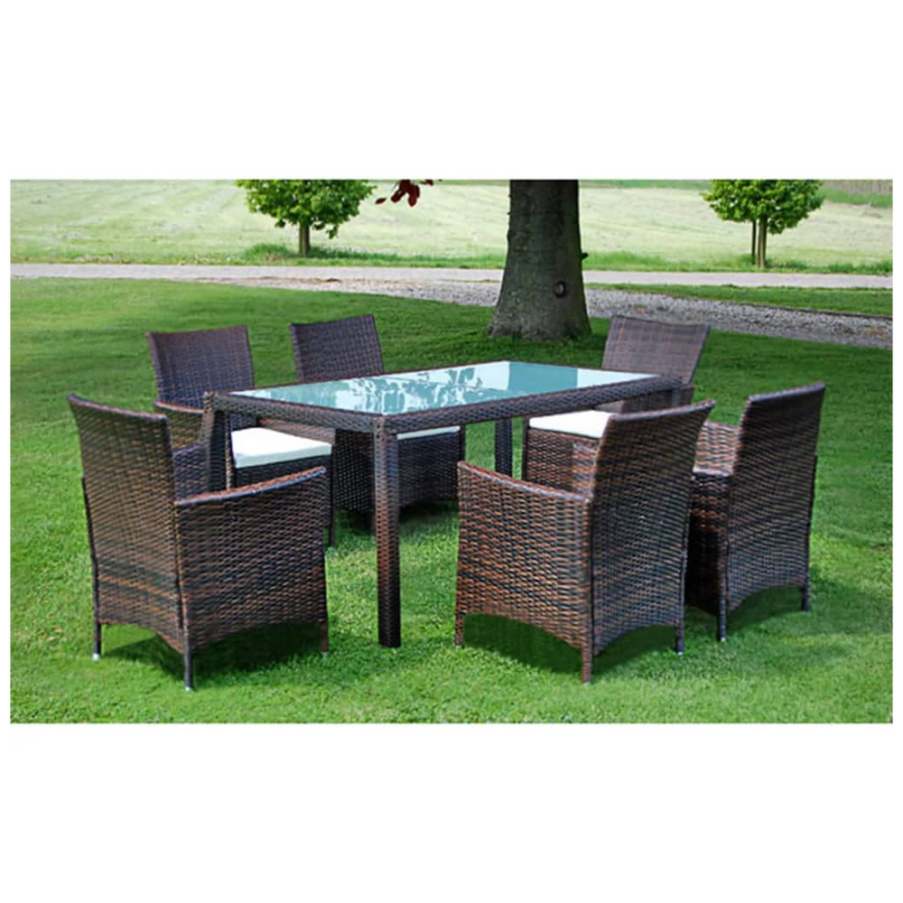7 Piece Outdoor Dining Set with Cushions Poly Rattan Brown - anydaydirect