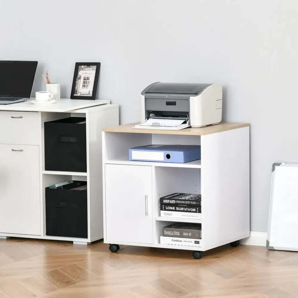 Multi-Storage Printer Unit Office Organisation w/ 5 Compartments Wheels Oak - anydaydirect