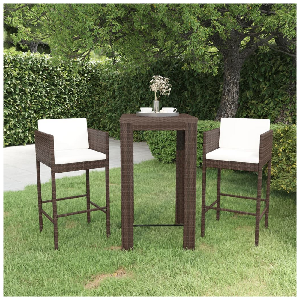3 Piece Garden Bar Set with Cushions Poly Rattan Brown - anydaydirect