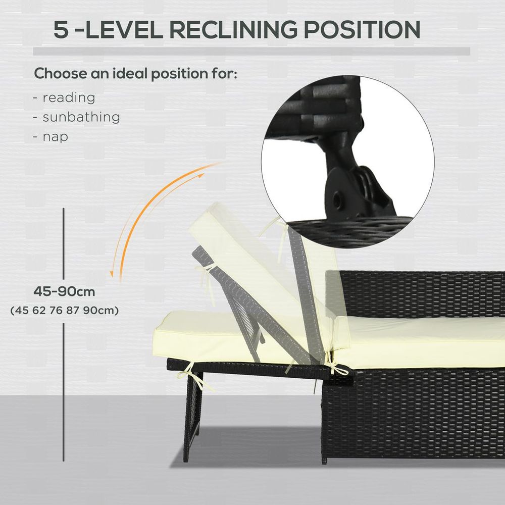 5-level Adjustable Rattan Sun Lounger w/ Storage Tea Table & Footstools, Balck - anydaydirect