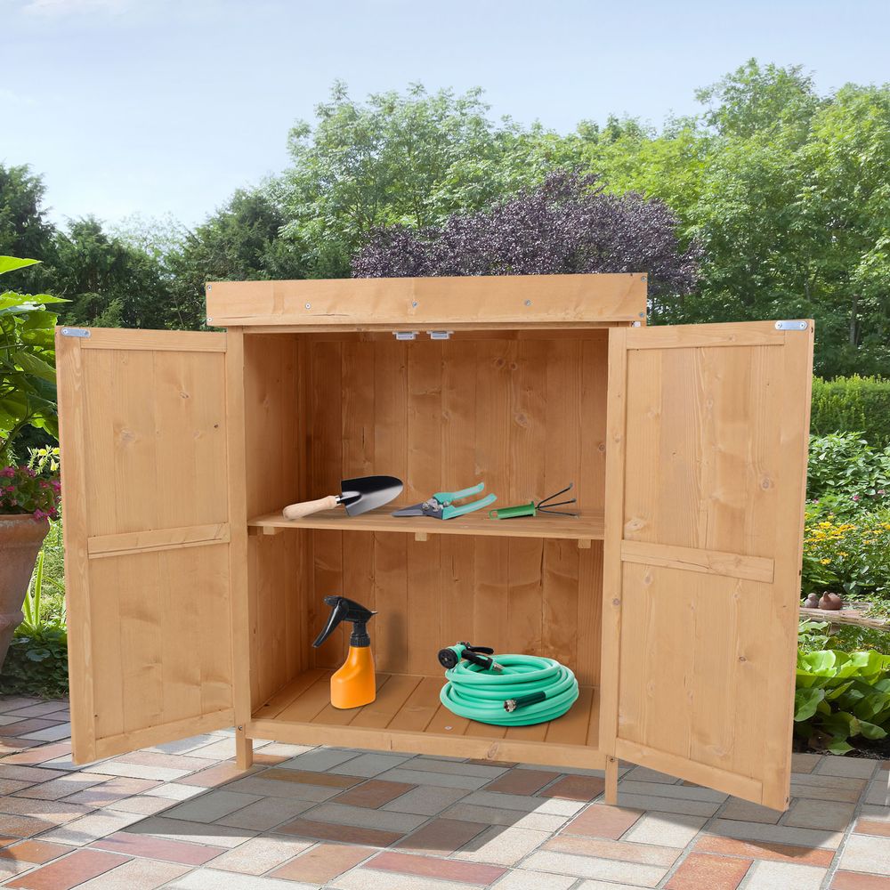74x43x88cm Garden Shed Storage Wooden Chest Double Doors Shelf Hinged Roof - anydaydirect