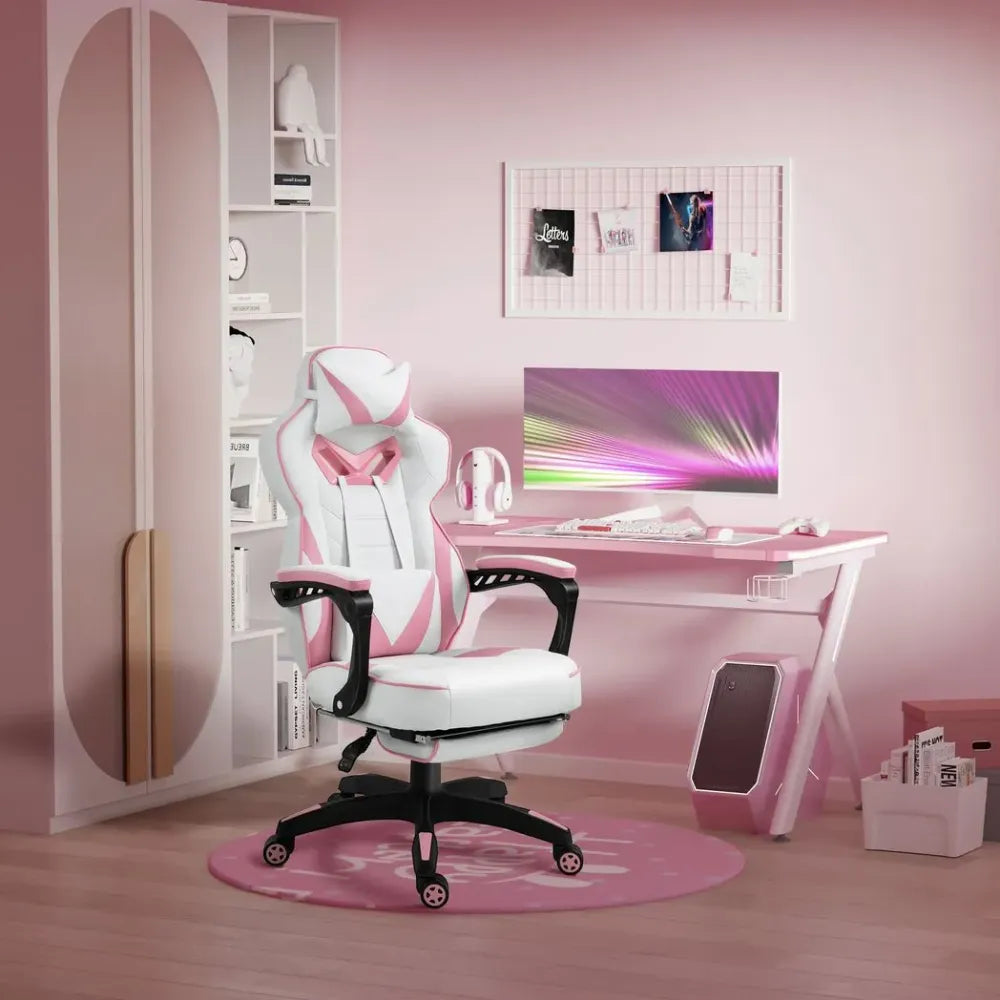 Gaming Chair Ergonomic Reclining w/ Manual Footrest Wheels Stylish Office Pink - anydaydirect