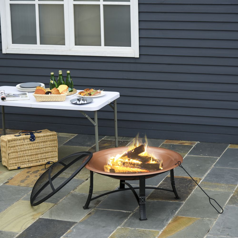 Outdoor Patio Steel Fire Pit Bowl for Backyard w/Spark Screen Cover - anydaydirect