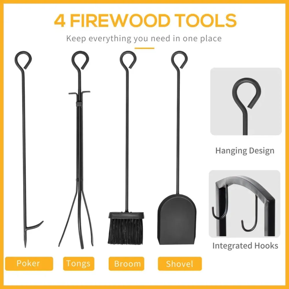 Indoor Outdoor Firewood Rack Log Holder Wood Storage with Hooks 4 Tools Black - anydaydirect