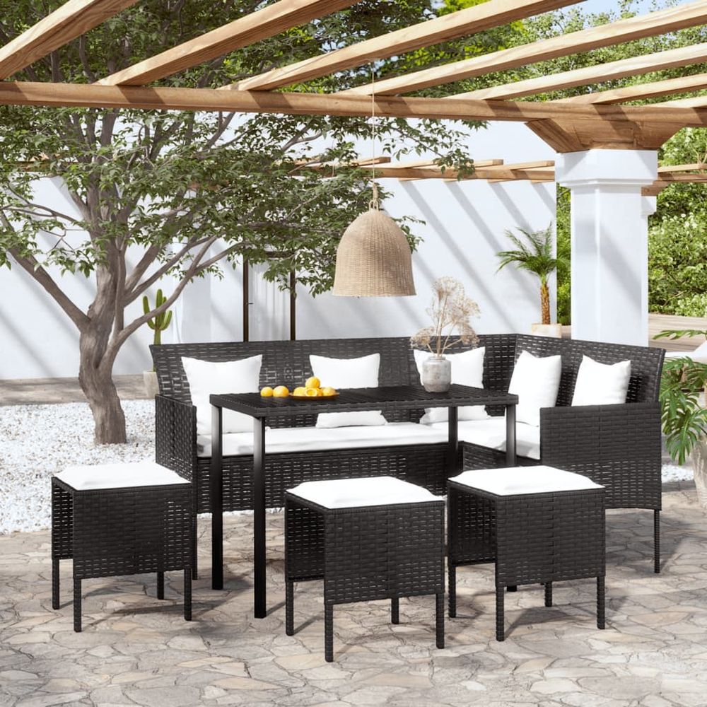 5 Piece L-shaped Couch Sofa Set with Cushions Poly Rattan Black - anydaydirect