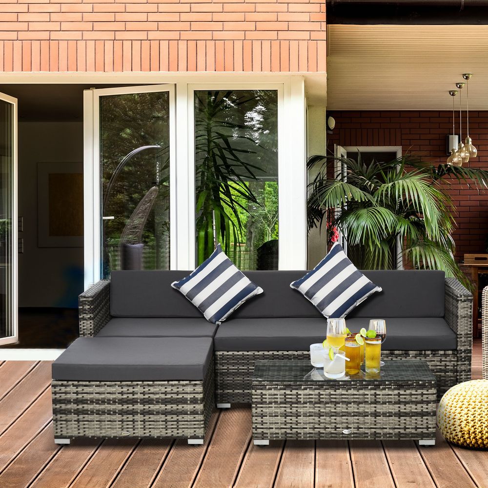 5PC Rattan Furniture Set Wicker Sofa Glass Tempered Tea Table & Cushion Pillows - anydaydirect