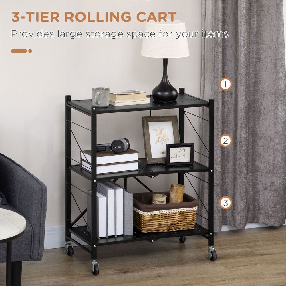 3-Tier Storage Trolley Foldable Rolling Cart for Kitchen 68 x 34.5 x 85.5 cm - anydaydirect