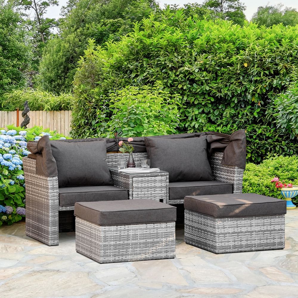 PE Rattan Daybed 2-Seater Sofa Set With Tempered Glass Table - anydaydirect