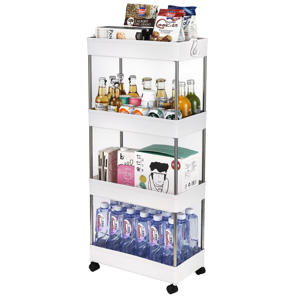 4-Layer Mobile Multi-functional Storage Cart,Suitable for Kitchen, Bathroom, Laundry Room Narrow Place, Plastic and Stainless Steel, White - anydaydirect