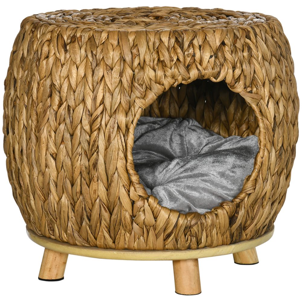 Rattan Cat House Stool, Wicker Kitten Bed for Outdoors and Indoors w/ Cushion - anydaydirect