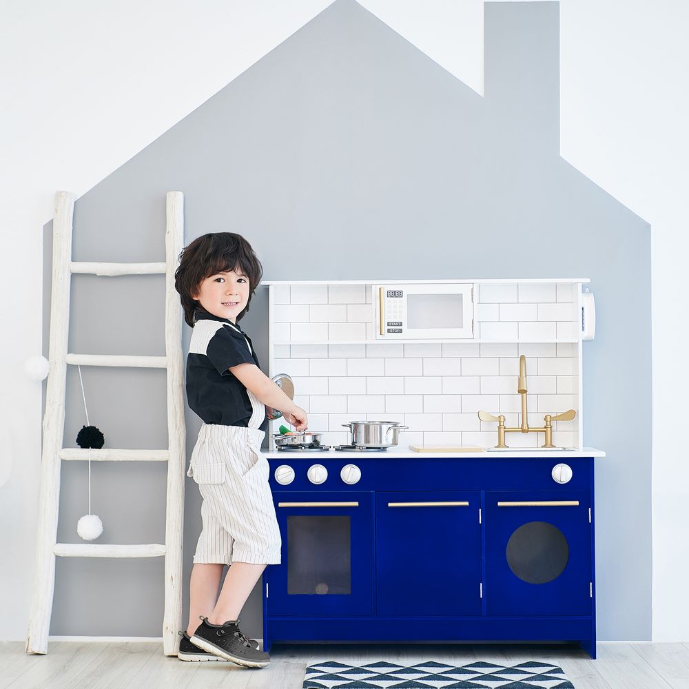 Blue Kids Toy Kitchen Wooden Cooker Children Imitation Play - anydaydirect