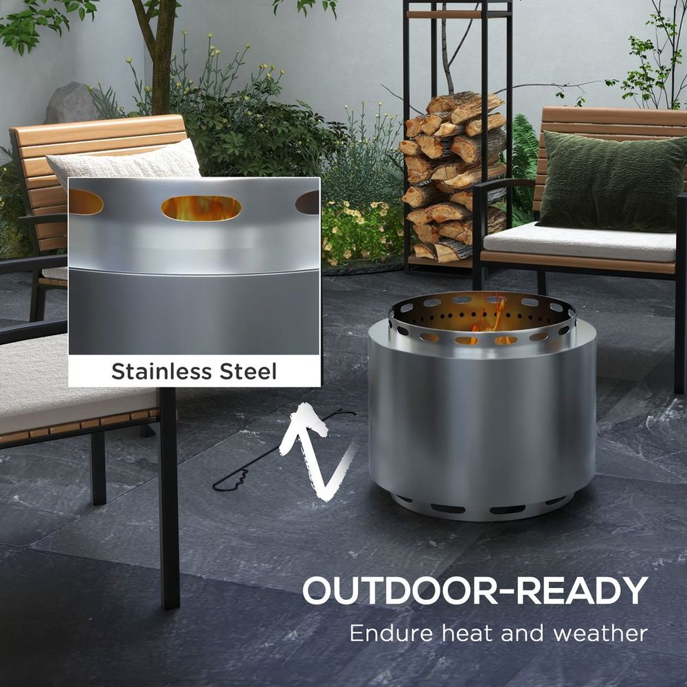Outsunny 48.5cm Smokeless Wood Burning Firepit Stainless Steel Fire Pit, Silver - anydaydirect