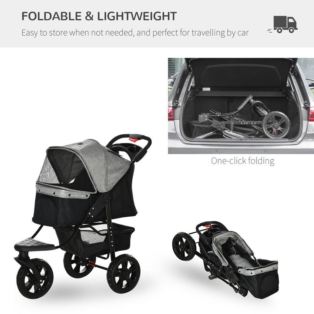Folding 3 Wheel Pet Stroller Travel w/ Adjustable Canopy Storage Brake Grey - anydaydirect
