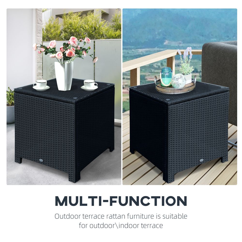 Outsunny Rattan Side Table Patio Frame Tempered Glass Outdoor Wicker-Black - anydaydirect