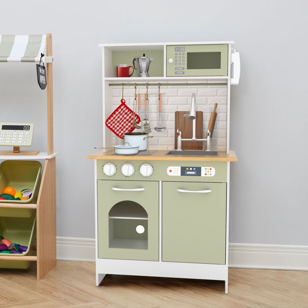 Wooden Kitchen Playset with Interactive Features & 9 Accessories - anydaydirect