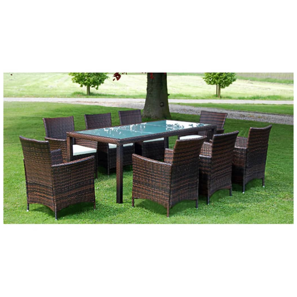 9 Piece Outdoor Dining Set with Cushions Poly Rattan Brown - anydaydirect