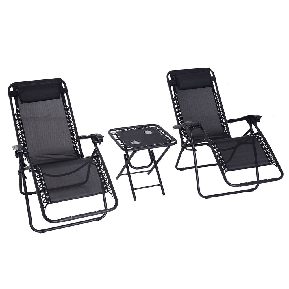 3PC Zero Gravity Chairs Sun Lounger Table Set w/ Cup Holders, Black Outsunny - anydaydirect