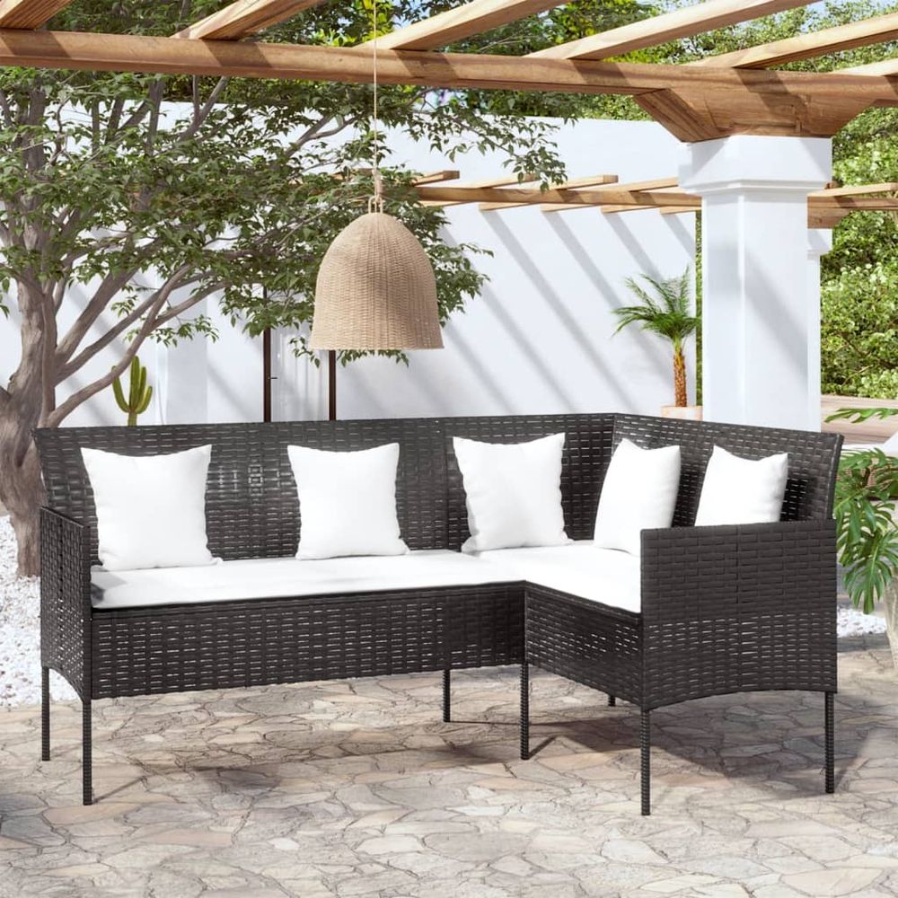 L-shaped Couch Sofa with Cushions Poly Rattan Black - anydaydirect