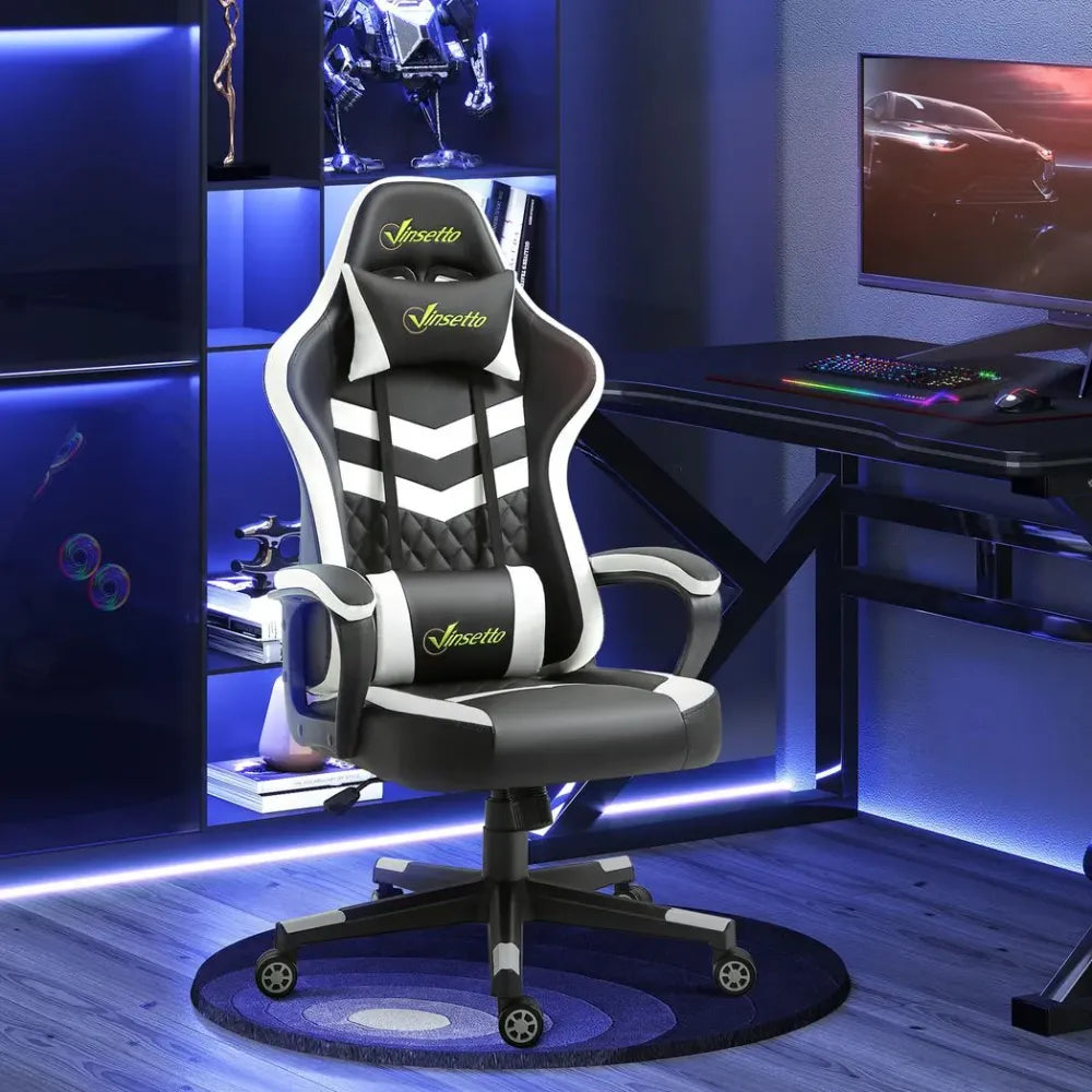 Racing Gaming Chair w/ Lumbar Support, Headrest, Gamer Office Chair, Black White - anydaydirect