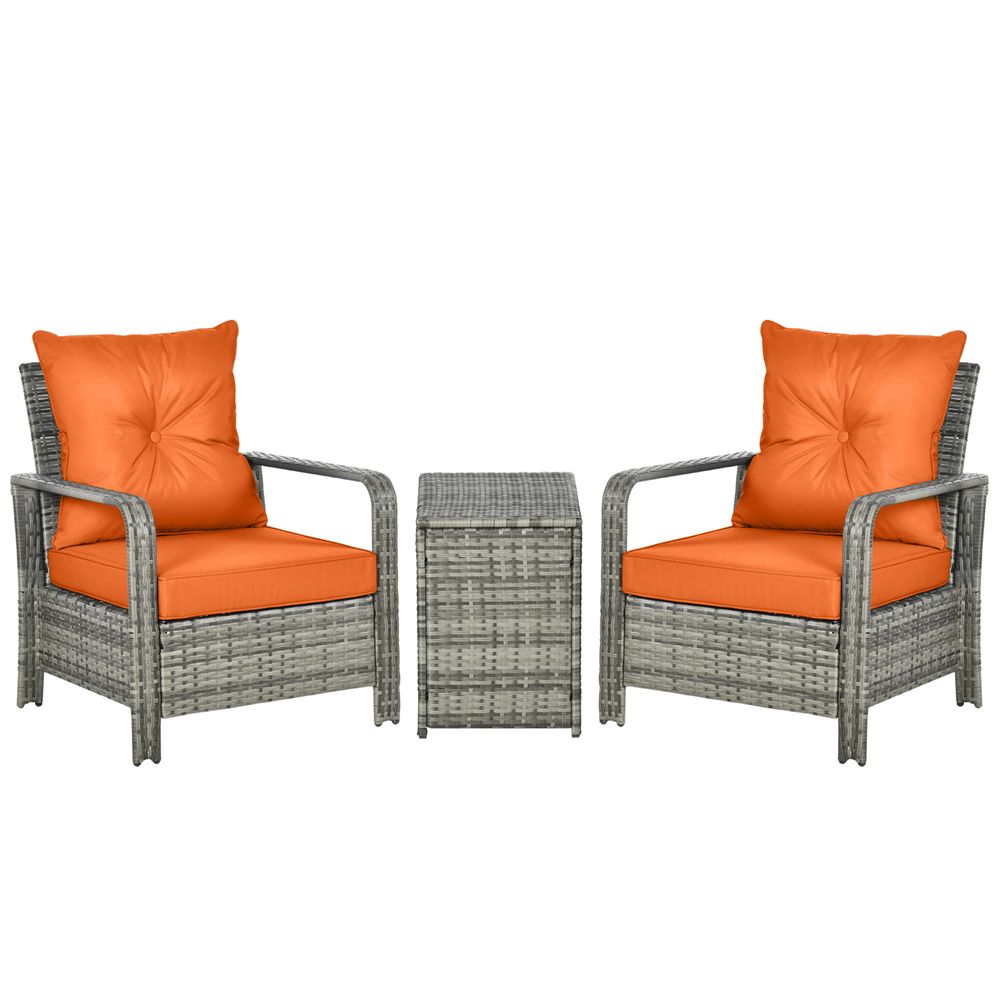 3 PCs PE Rattan Garden Sofa Set w/ 2 Chairs & Storage Table Orange - anydaydirect