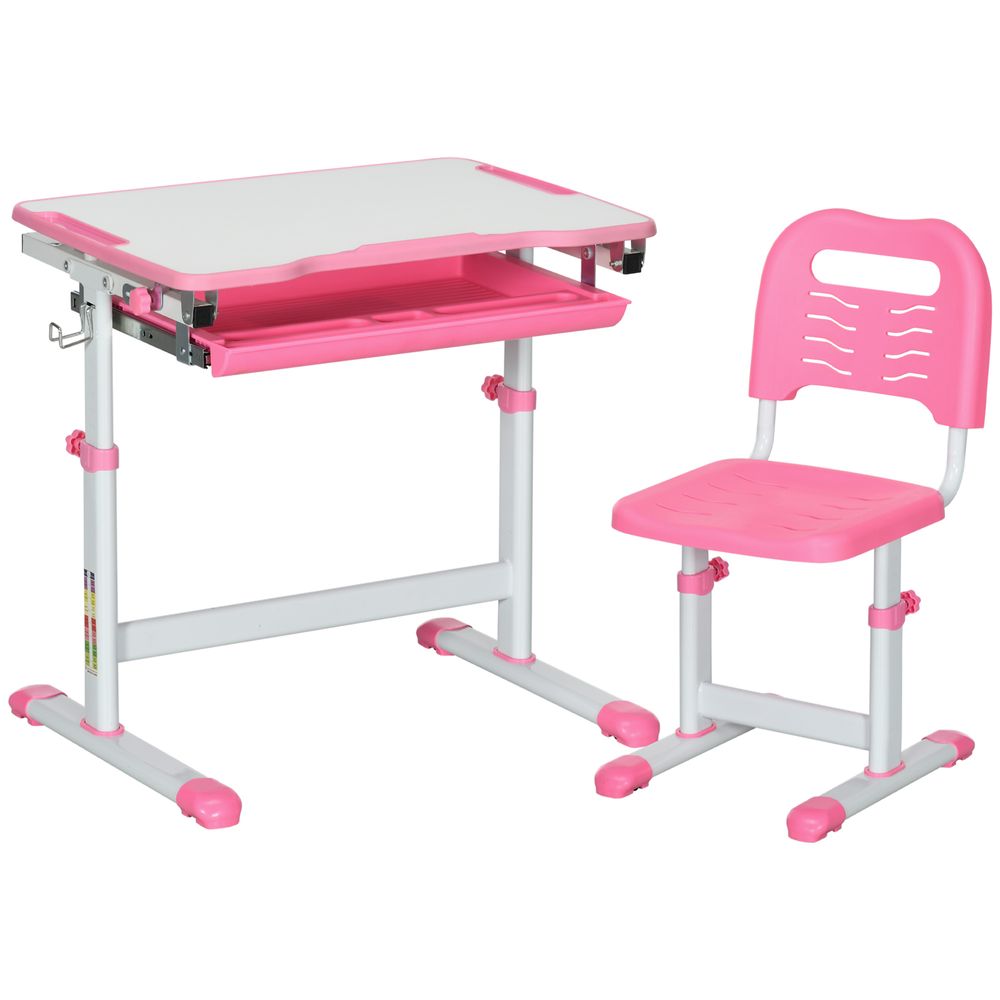 Kids Desk and Chair Set, Height Adjustable Desk with Drawer, Pen Slot, Hook - anydaydirect