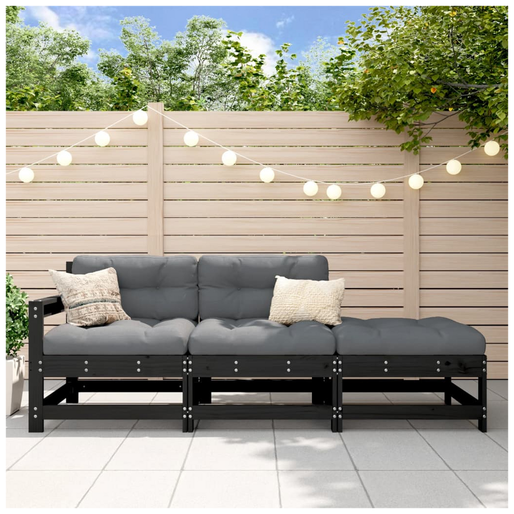vidaXL 3 Piece Garden Lounge Set with Cushions Black Solid Wood - anydaydirect