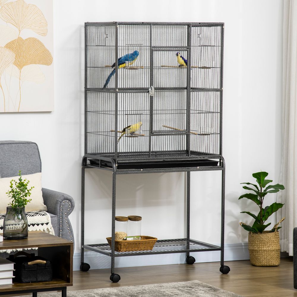 Rolling Bird Cage w/ Detachable Stand, Storage Shelf, Wood Perch, Food Container - anydaydirect